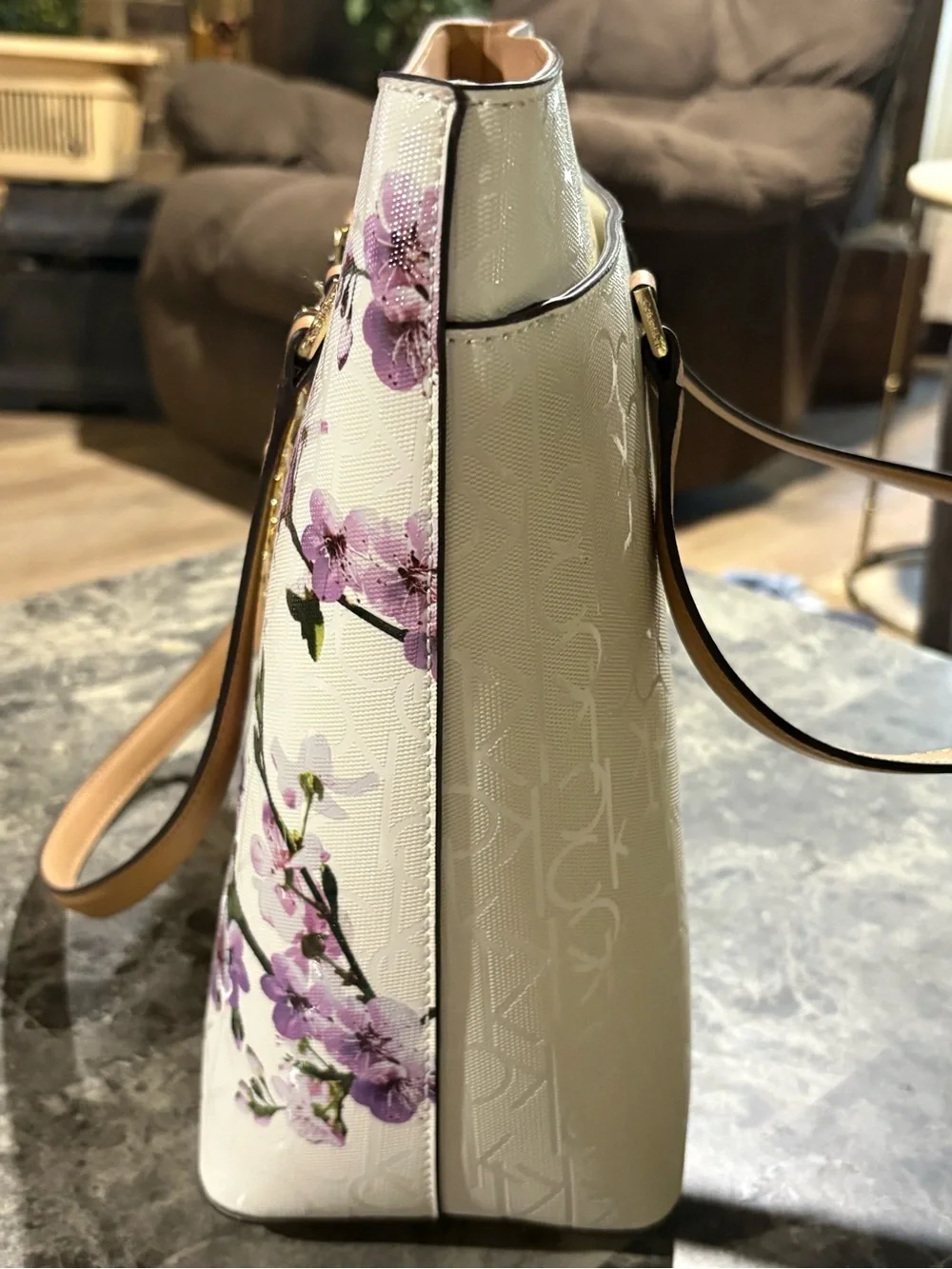 Calvin Klein Cream Tote with Purple Floral Print and Gold Chain
